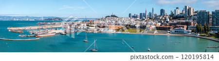 San Francisco's skyline features the Transamerica Pyramid, Salesforce Tower, and Bay Bridge. Historic ships and a park's greenery enhance the urban scene. 120195814