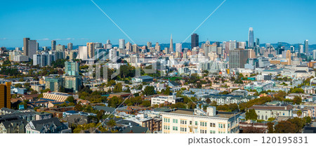 The image captures San Francisco's skyline, highlighting the Transamerica Pyramid and Salesforce Tower amidst diverse architecture under a clear blue sky. The image captures San Francisco's skyline, highlighting the Transamerica Pyramid and Salesforce Tower amidst diverse architecture under a clear blue sky. 120195831