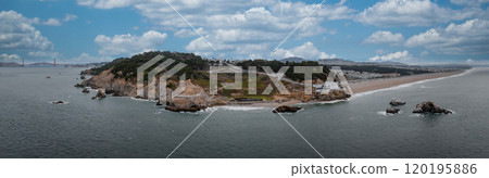 Panoramic aerial view of San Francisco's coastline featuring the Golden Gate Bridge, Lands End cliffs, Sutro Baths ruins, and Ocean Beach under an overcast sky. Panoramic aerial view of San Francisco's coastline featuring the Golden Gate Bridge, Lands End cliffs, Sutro Baths ruins, and Ocean Beach under an overcast sky. 120195886