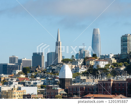 The image captures San Francisco's skyline, featuring the Transamerica Pyramid and Salesforce Tower, with a mix of residential and commercial buildings. 120195887
