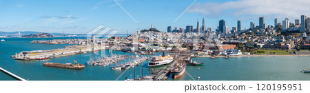 Panoramic aerial view of San Francisco featuring the Transamerica Pyramid, Salesforce Tower, Bay Bridge, and historic Hyde Street Pier on a clear day. Panoramic aerial view of San Francisco featuring the Transamerica Pyramid, Salesforce Tower, Bay Bridge, and historic Hyde Street Pier on a clear day. 120195951