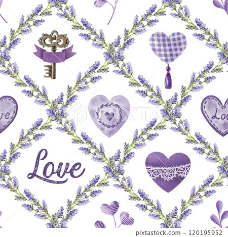 Valentines Day seamless pattern in tender lavender colors. Hand drawn vintage style hearts, lavender flowers and cute romantic elements. Perfect for holiday decorations, wedding decor, gift wrap Valentines Day seamless pattern in tender lavender colors. Hand drawn vintage style hearts, lavender flowers and cute romantic elements. Perfect for holiday decorations, wedding decor, gift wrap 120195952