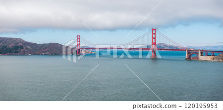 The Golden Gate Bridge in San Francisco, California, stands out in International Orange against blue water and sky, with Marin Headlands in the background. The Golden Gate Bridge in San Francisco, California, stands out in International Orange against blue water and sky, with Marin Headlands in the background. 120195953