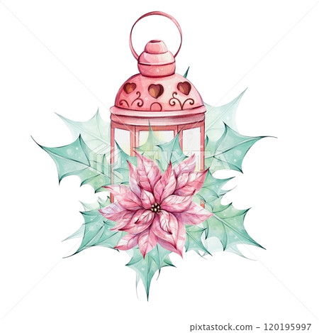 Watercolor Christmas red lantern and candle with Red poinsettia and holly green leaves, isolated. Romantic retro style. Winter festive decor. Hand drawn watercolor illustration isolated on white 120195997