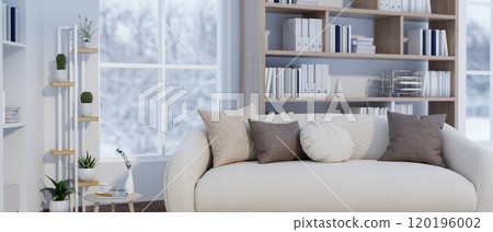 A contemporary white living room features a comfortable sofa by the window with a snow view. 120196002