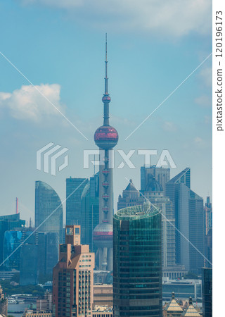 The image displays Shanghai's skyline with the Oriental Pearl Tower, Jin Mao Tower, and Shanghai World Financial Center under a clear blue sky. 120196173