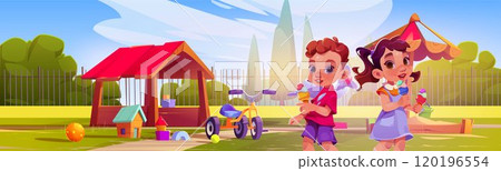 Children with ice cream on yard with playground. Children with ice cream on yard with playground. 120196554