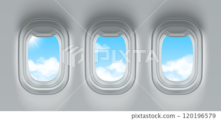 Plane windows with blue sky view Plane windows with blue sky view 120196579