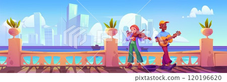 Street musicians performing on city embankment 120196620