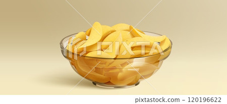 Pile of crisp potato chips in glass bowl. Pile of crisp potato chips in glass bowl. 120196622