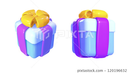 Cute blue closed gift box with ribbon and bow. 120196632