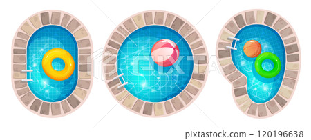 Summer pool top view with water and float ring Summer pool top view with water and float ring 120196638