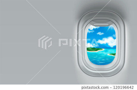 Plane window inside view with island to travel 120196642