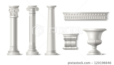 Ancient roman column, stone pillar and vase. 120196646