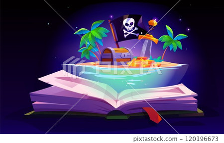 Open magic fairytale book with pirate island 120196673