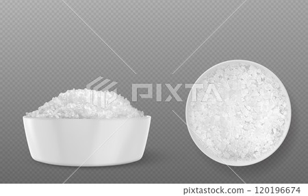 White salt or sugar crystal grain in ceramic bowl 120196674