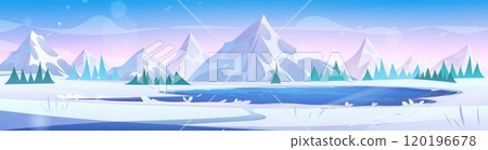 Winter day landscape with lake and mountains. 120196678