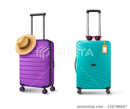 Suitcase with hat and sunglasses for summer trip 120196687