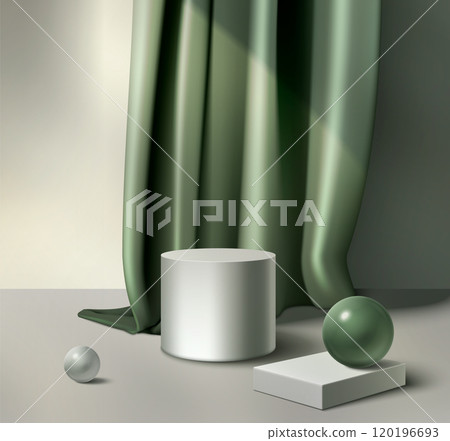 Cylinder product podium with green silk curtain 120196693