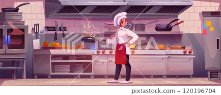 Woman chef cooking food on restaurant kitchen. 120196704