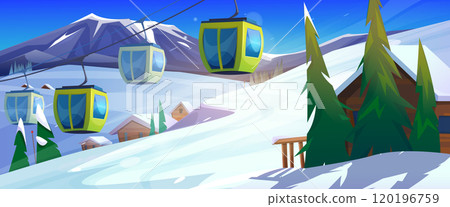 Winter ski resort with cable cars in mountains 120196759