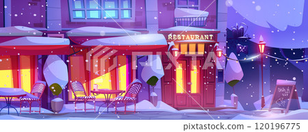 City street with pedestrian, cafe facade at winter 120196775