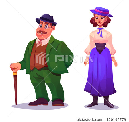 Young people in Victorian fashion clothing. 120196779