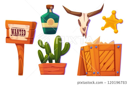 Wild west wooden sign and old bull skull cartoon Wild west wooden sign and old bull skull cartoon 120196783