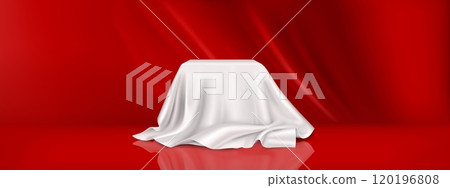 Product podium covered with white cloth 120196808