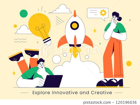 Explore an Innovative and Creative Vector Illustration Featuring a Startup with Software and Web Development, the Power of Innovation and New Ideas 120196836