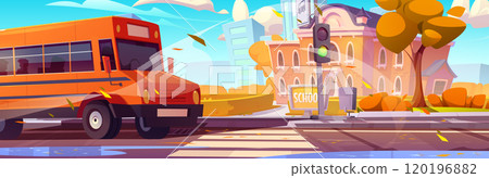 Yellow bus on road near school building Yellow bus on road near school building 120196882