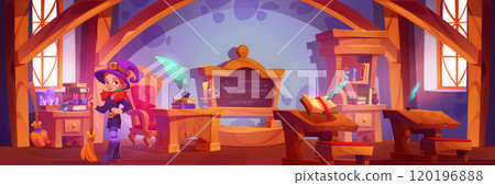Magic school classroom interior with little witch 120196888