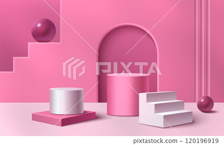 Pink pastel studio room with product podium 120196919