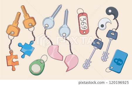 House or car door key on metal ring with keychain 120196925