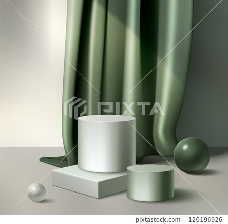 Cylinder product podium with green silk curtain 120196926