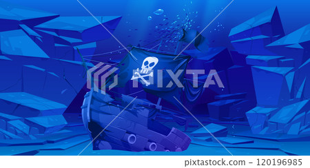 Wrecked pirate ship on rocky sea bottom 120196985