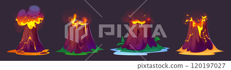 Volcano eruption with flowing lava and smoke cloud Volcano eruption with flowing lava and smoke cloud 120197027