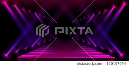 Fashion show runway with neon purple lights 120197054