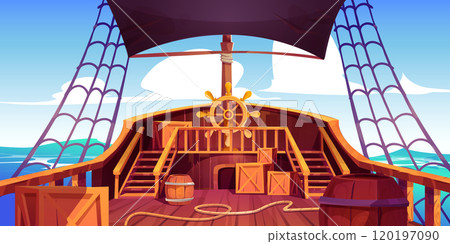 Pirate ship deck sailing in sea 120197090