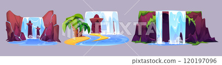 Cartoon waterfall on rocky cliff mountain Cartoon waterfall on rocky cliff mountain 120197096