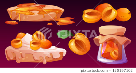 Apricot jam on toast, pie with dairy, glass bottle Apricot jam on toast, pie with dairy, glass bottle 120197102