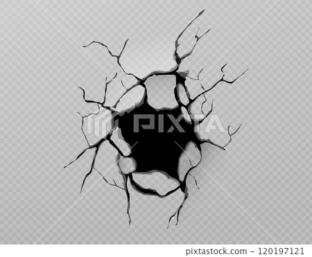 Broken concrete wall with hole, crack floor effect 120197121