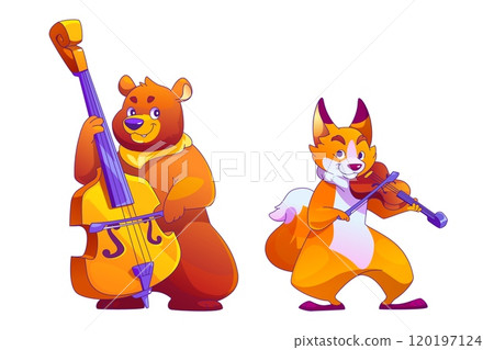 Cute cartoon animals playing music instrument 120197124