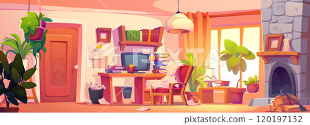 Mess in student's room with fireplace 120197132