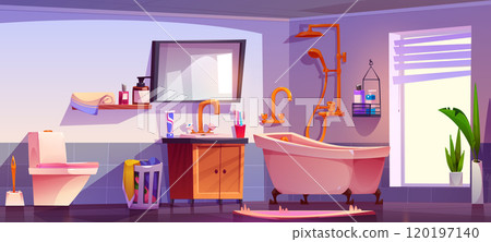 Bathroom interior with shower and mirror in house 120197140
