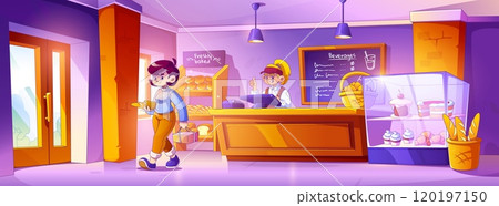 Bakery shop interior with woman buyer and cashier. 120197150
