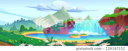 Summer or spring sunny landscape with waterfall Summer or spring sunny landscape with waterfall 120197152
