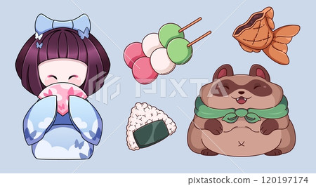 Asian and Japan daruma icon with geisha and fish 120197174