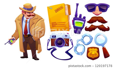 Detective spy in hat. Inspector equipment icon set 120197178