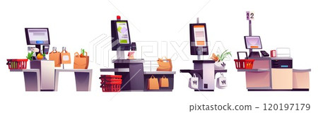 Supermarket self checkout service kiosk 120197179